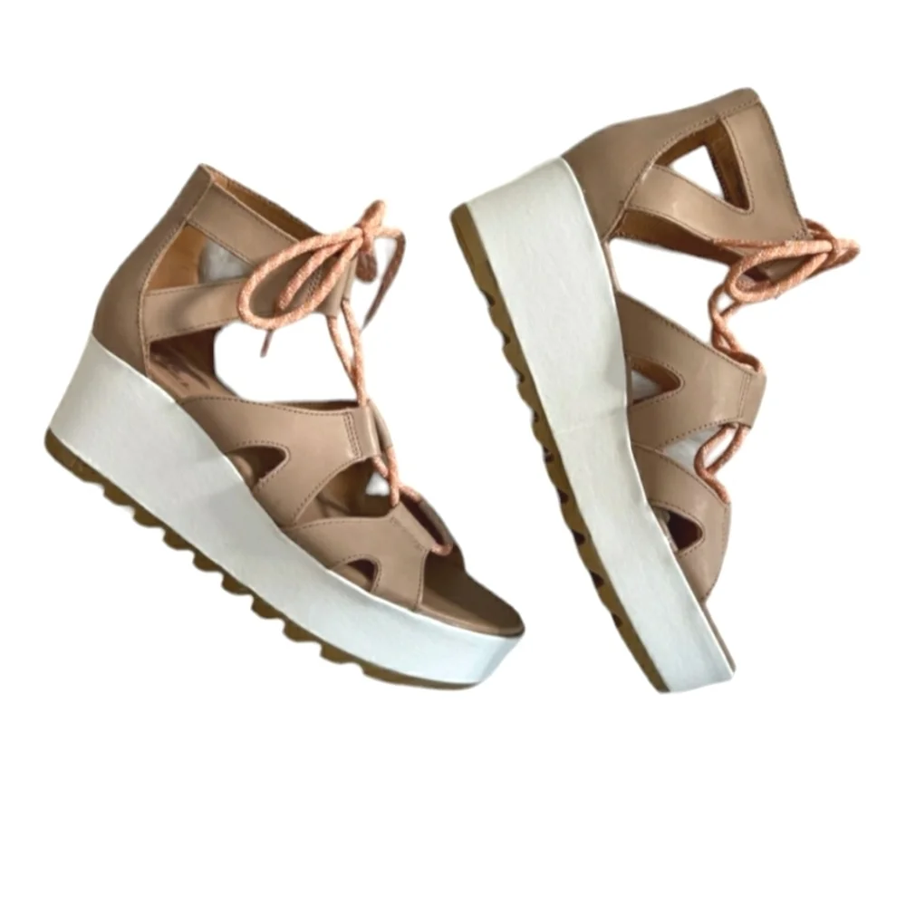 Sorel Cameron Flatform Lace Wedge Sandal Honest Beige Gum NEW